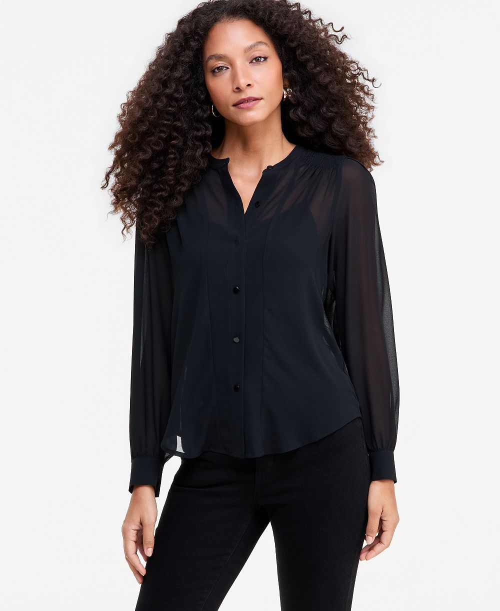 I.N.C. International Concepts Women's Long Sleeve Sheer Button-Front Blouse, Macy's Exclusive