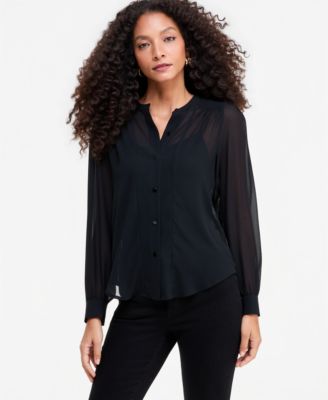 I.N.C. International Concepts Women's Long Sleeve Sheer Button-Front Blouse, Macy's Exclusive