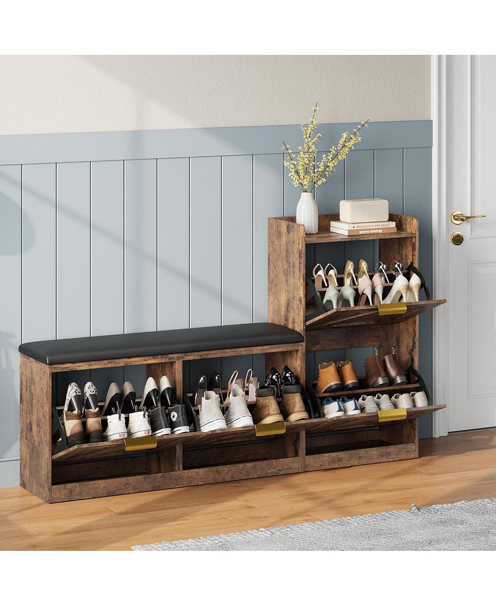 gaomon Farmhouse Freestanding Shoe Cabinet with Cushioned Bench and 4 Flip Drawers
