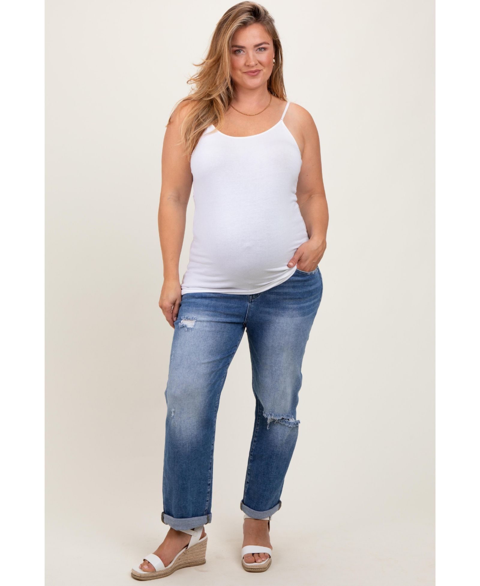 Pinkblush Women's Maternity Rolled Hem Distressed Straight Leg Plus Jeans