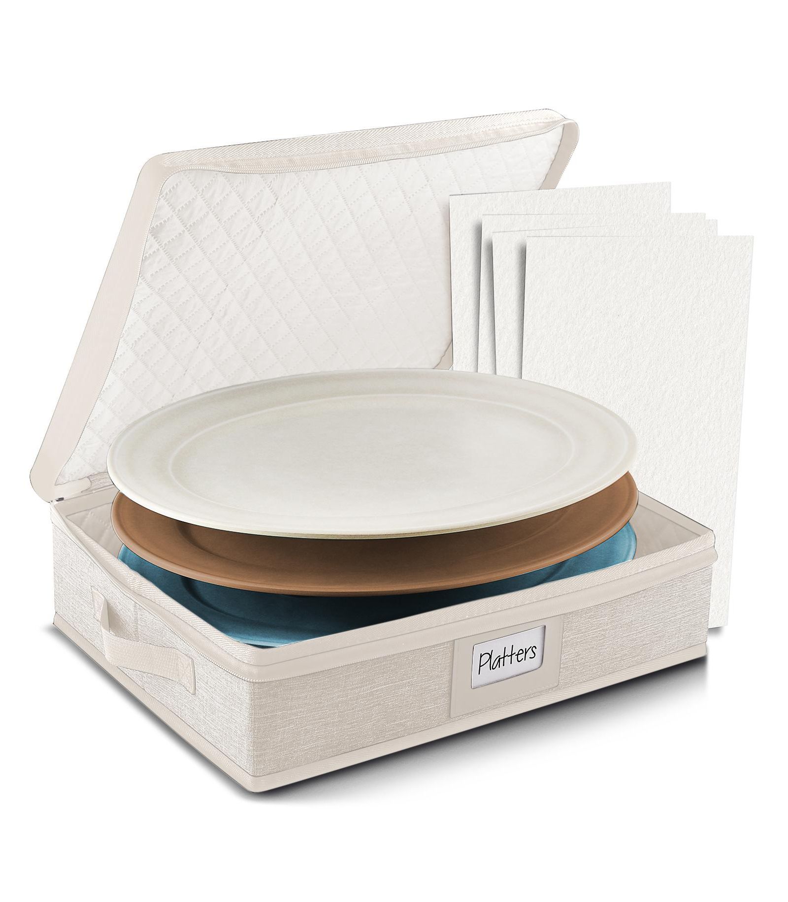 StorageBud Platter Storage Case - Quilted Hard Shell Fine China Container, Stackable Platter Organizer with Handles & Felt Dividers