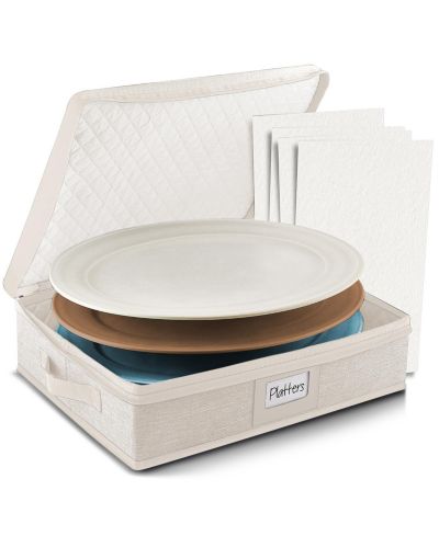 StorageBud Platter Storage Case - Quilted Hard Shell Fine China Container, Stackable Platter Organizer with Handles & Felt Dividers