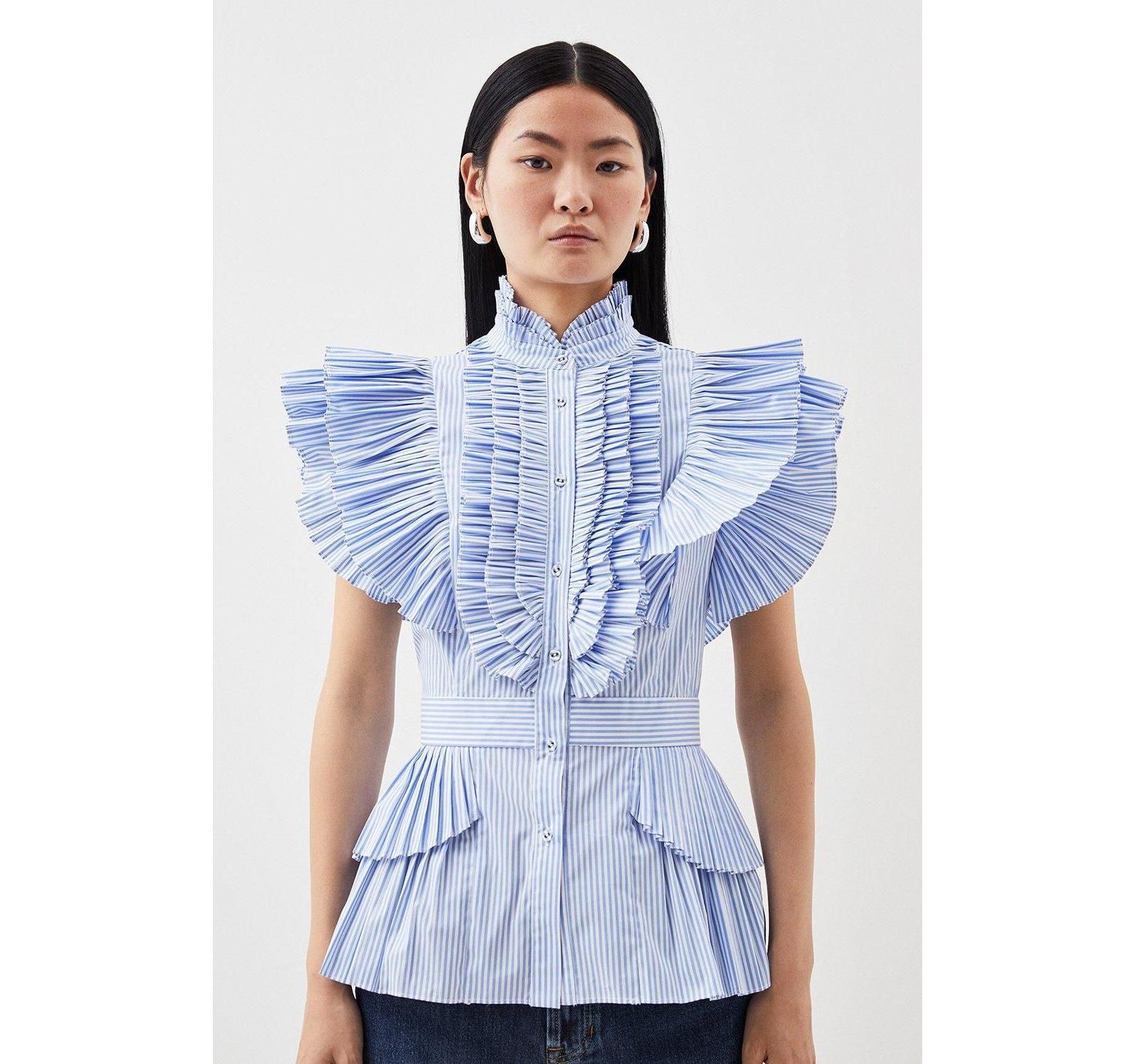 Karen Millen Women's Sleeveless Striped Pleated Ruffle Blouse