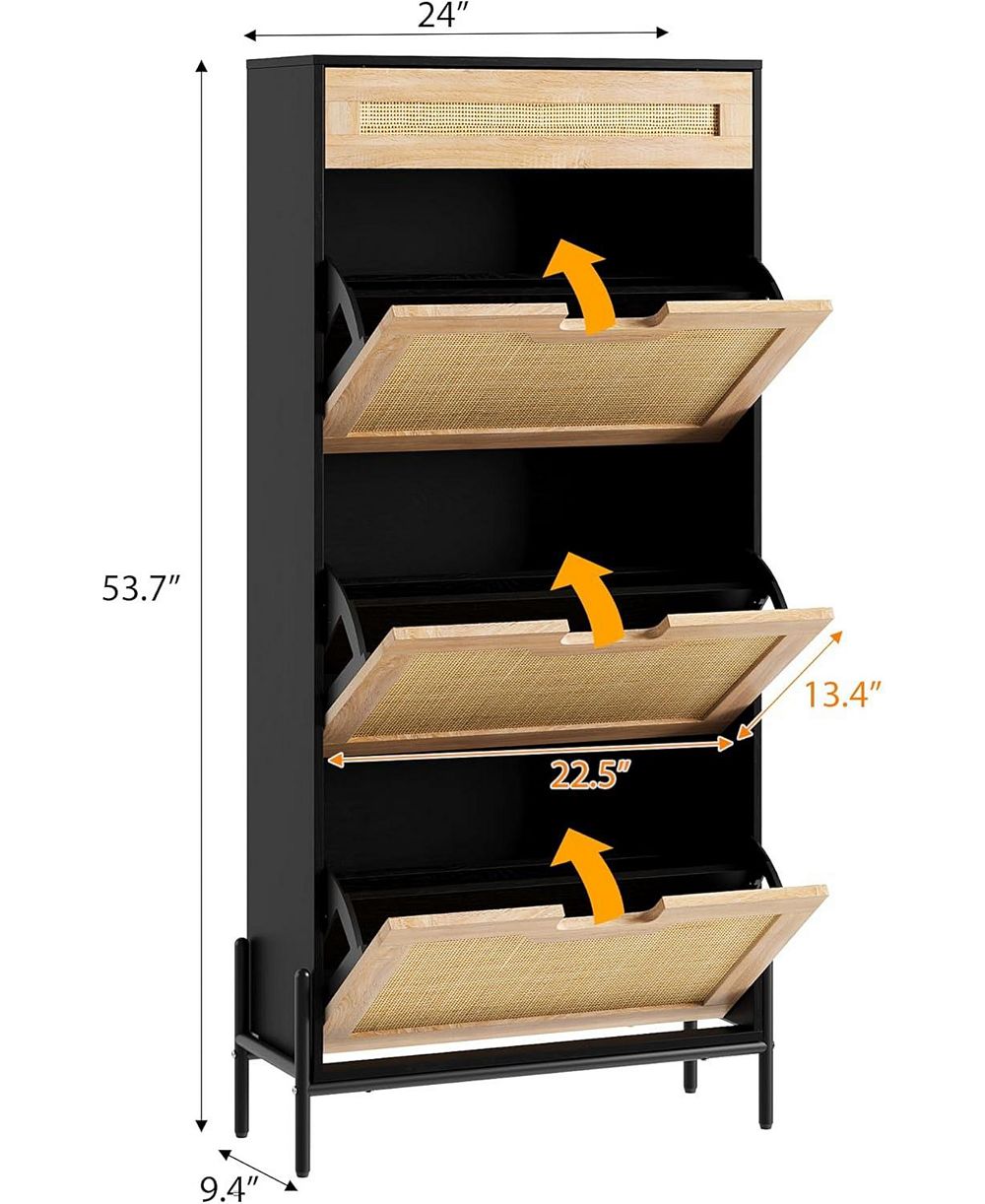 gaomon Rattan Storage Cabinet with 3 Flip Doors & 1 Drawer, Adjustable Shelf Shoe Storage, Freestanding Entryway Hallway Cabinet