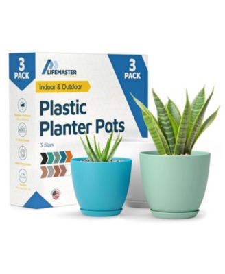 Lifemaster Multicolor Plant Pots 3 Pack with Drainage Holes & Saucers, Stackable Indoor & Outdoor Planters for Houseplants & Flowers