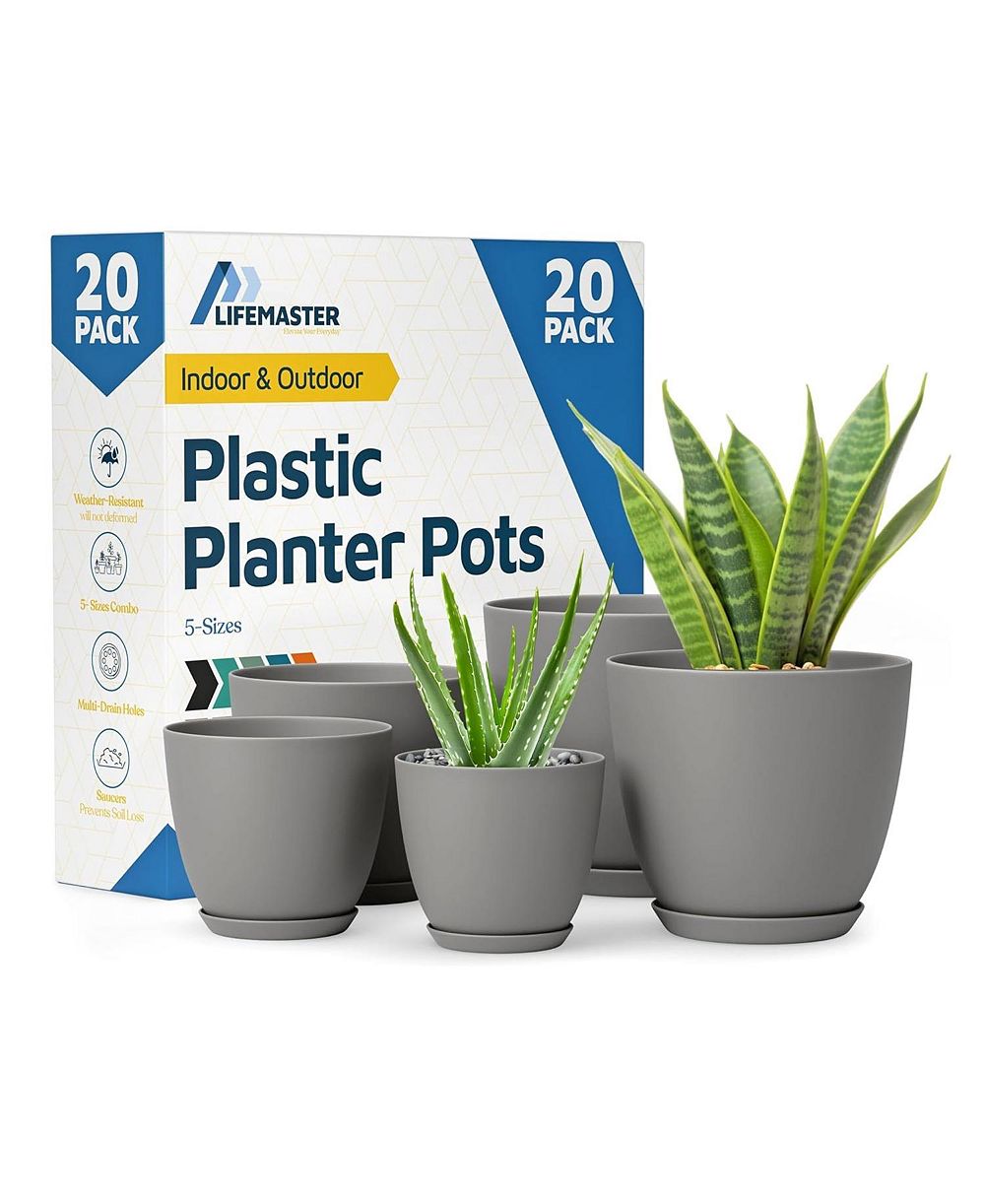 Lifemaster Gray Planter Pots 20-Pack with Drainage Holes, Lightweight, Durable & Space-Saving Indoor & Outdoor Plastic Planters
