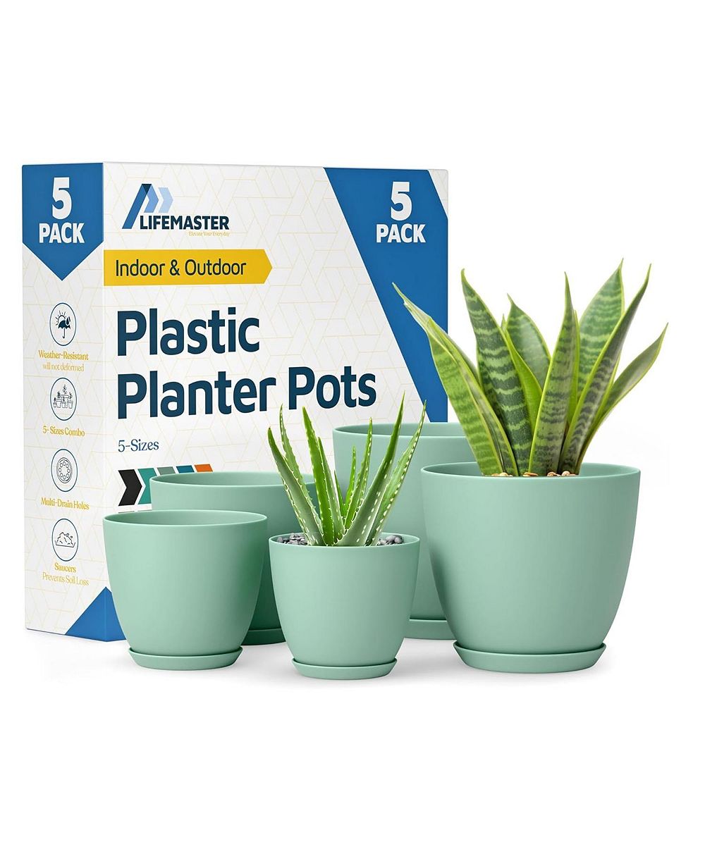 Set of 5 lightweight, durable mint planter pots with drainage holes. Space-saving, modern design for versatile indoor/outdoor planting.