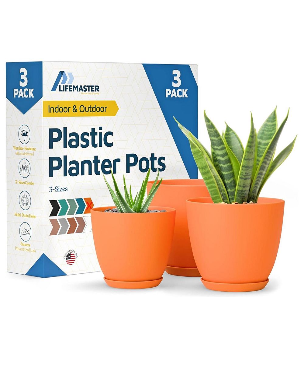 Yellow Plant Pots 3 Pack with Drainage Holes & Saucers, Stackable Indoor Outdoor Planters for Houseplants & Flowers, Durable & Weatherproof.