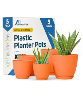 Lifemaster Yellow Plant Pots 5 Pack with Drainage Holes & Saucers, Stackable Indoor & Outdoor Planters