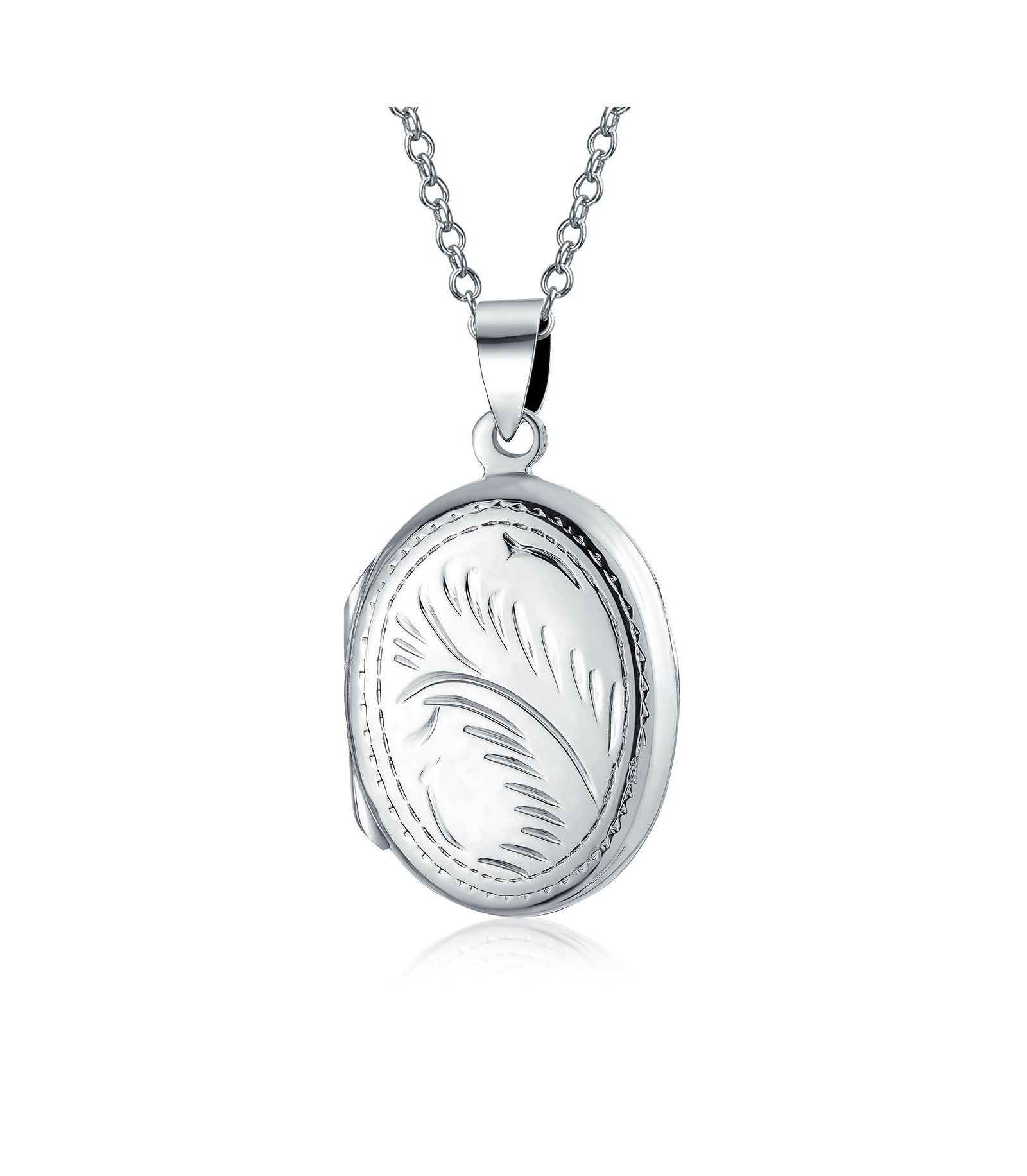 Bling Jewelry Vintage Style Floral Leaf Design Oval Shape Photo Locket Necklace Pendant .925 Sterling Silver