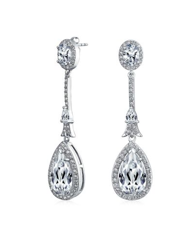 Bling Jewelry Art Deco Style Dangle Halo Blue Sapphire CZ Cubic Zirconia Teardrop Statement Chandelier Earrings