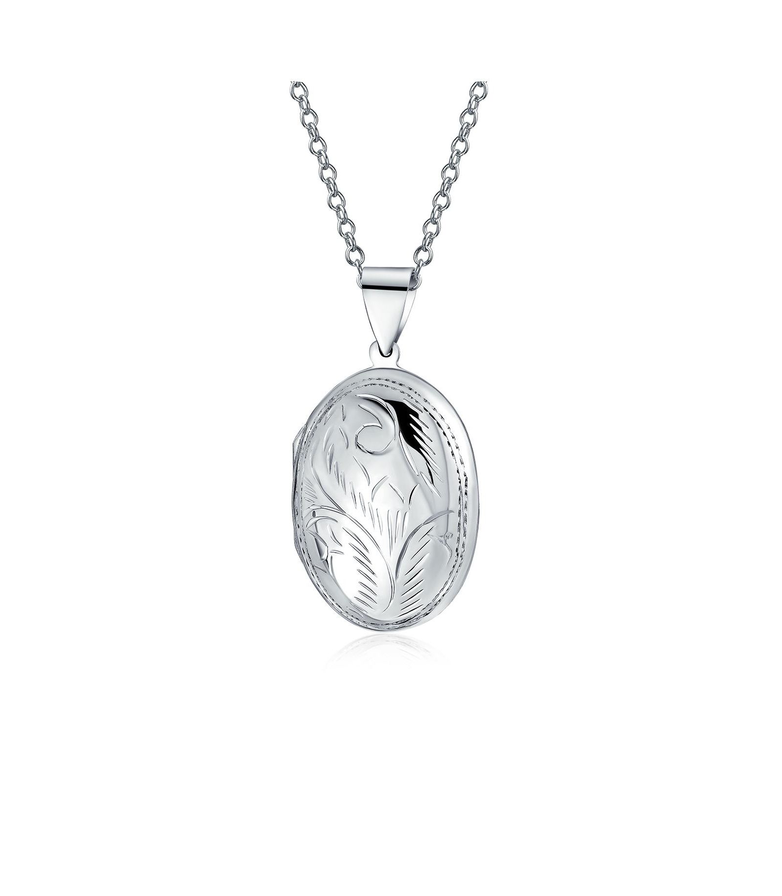 Bling Jewelry Vintage Style Floral Design Small Oval Shape Photo Locket Necklace Pendant .925 Sterling Silver