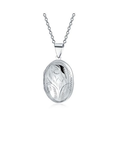 Bling Jewelry Vintage Style Floral Design Small Oval Shape Photo Locket Necklace Pendant .925 Sterling Silver
