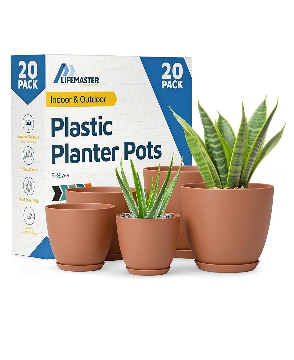 Набор терракотовых цветочных горшков Lifemaster 20 шт. с дренажными отверстиями и поддонами
