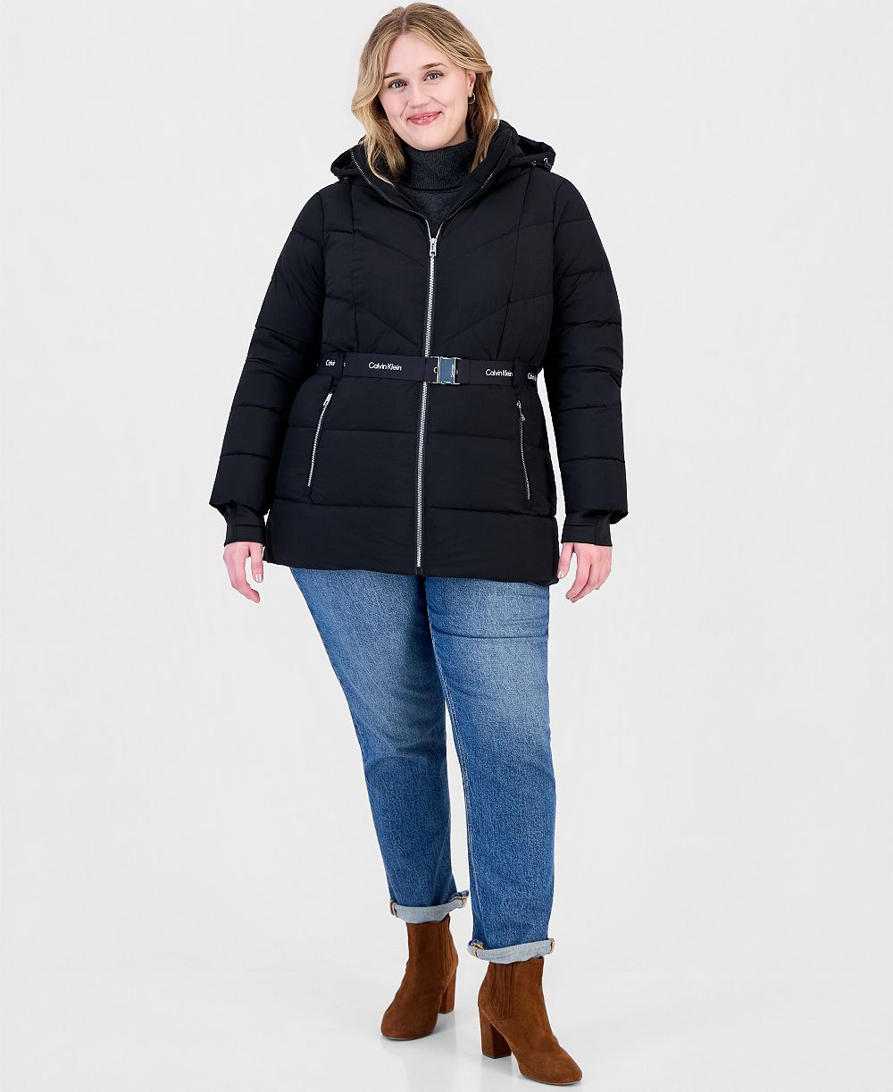 Женская пуховая куртка Calvin Klein Plus Size с капюшоном, поясом и отверстиями для пальцев