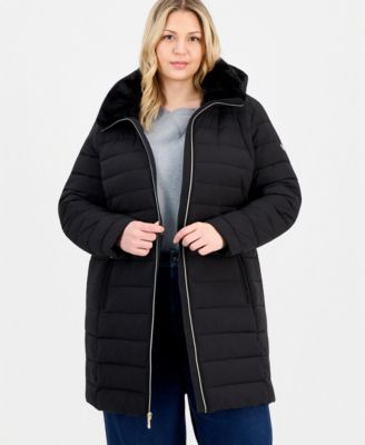 Женская стеганая куртка Michael Kors Plus Size с капюшоном и воротником из искусственного меха, упаковываемая, эксклюзив Macy's