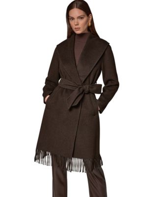 Donna Karan New York для женщин длинное пальто из шерстяной смеси с поясом, бахромой и воротником-шалью