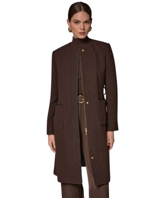 Donna Karan New York Women's Collarless Wool-Blend Pleather Trim Coat