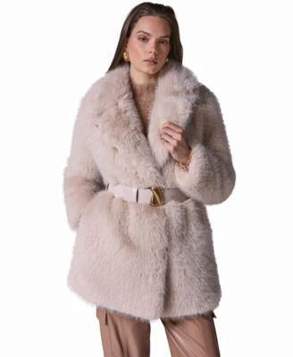 Donna Karan New York Womens Belted Collared Faux Fur Coat