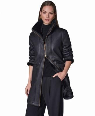 Женское длинное пальто Donna Karan New York с длинным рукавом, воротником-стойкой и искусственным мехом
