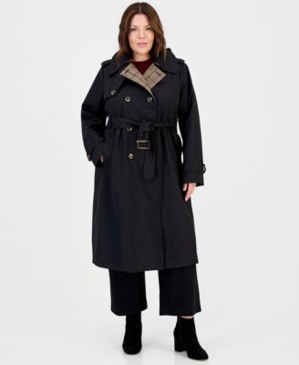 London Fog Plus Size Plaid Collar Belted Trench Coat, Created for Macy's