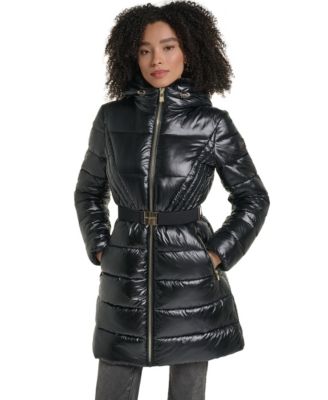 KARL LAGERFELD PARIS Women's Hooded Belted Faux-Fur Collar Puffer Coat, Created for Macy's