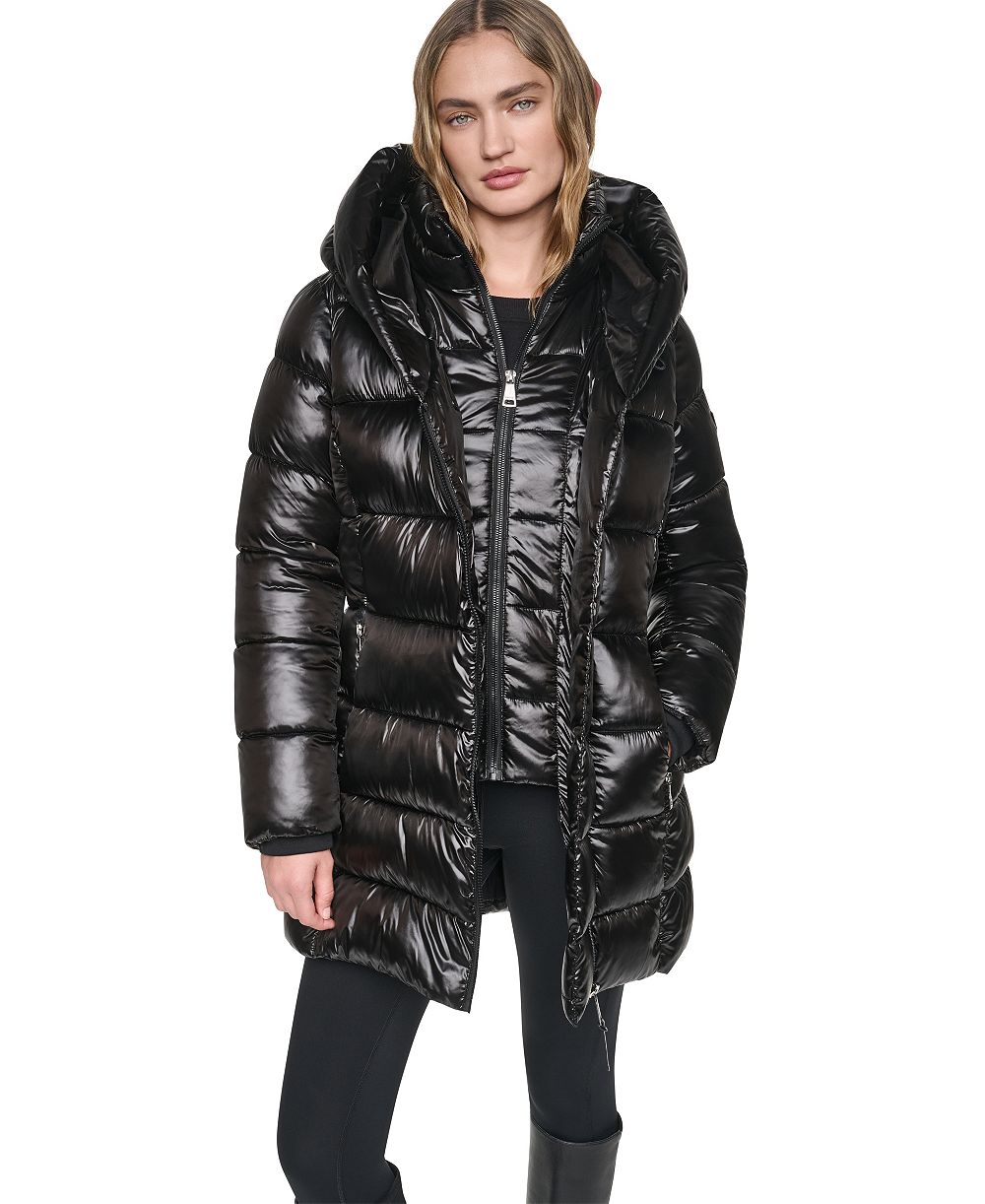 DKNY Women's Pearlized Hooded Walker with Bib Coat