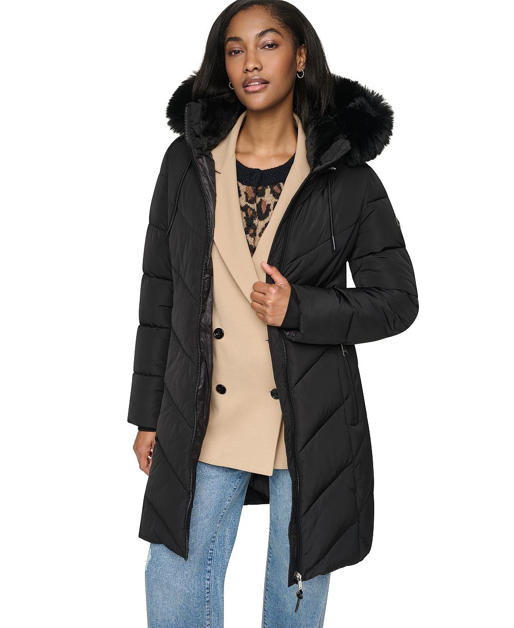 Женская куртка DKNY Puffer длины Walker с капюшоном, отделанным искусственным мехом