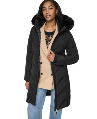 Женская куртка DKNY Puffer длины Walker с капюшоном, отделанным искусственным мехом
