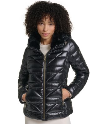 KARL LAGERFELD PARIS Women's Short Hooded Faux Fur Collar Puffer Jacket