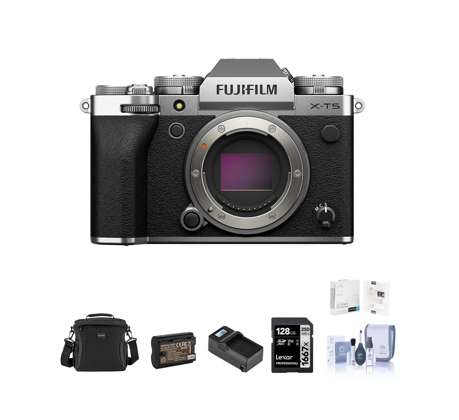 Беззеркальная камера Fujifilm X-T5, комплект с картой памяти 128 ГБ, сумкой на плечо, дополнительным аккумулятором, зарядным устройством, защитной пленкой для экрана и набором для чистки