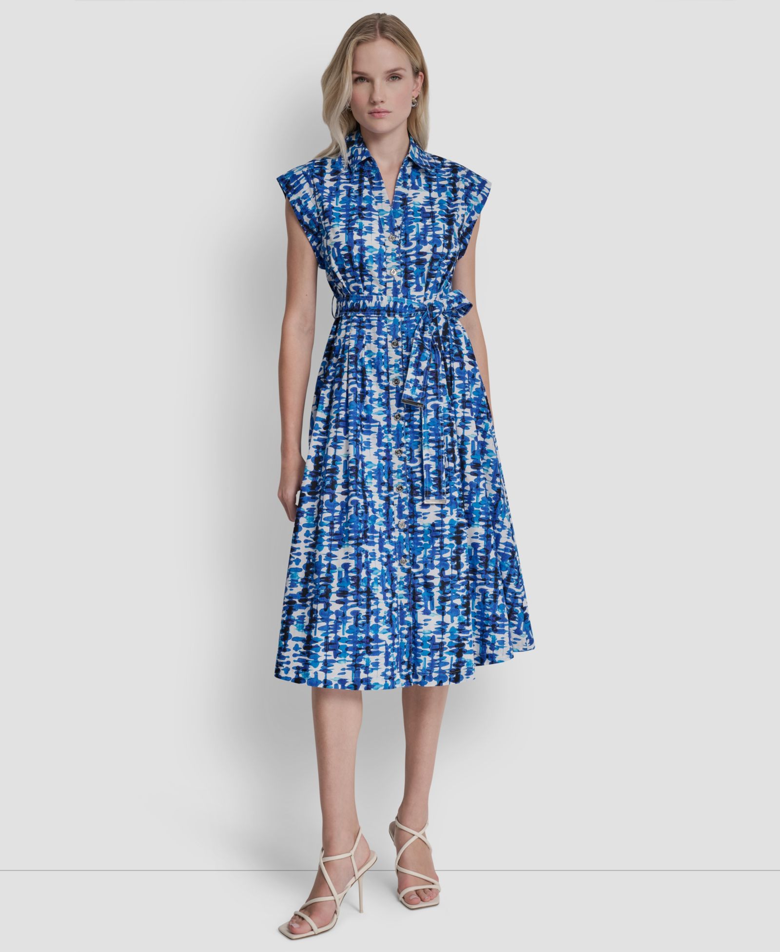 DKNY Women's Extended Button-Front Collared Cotton Midi Dress