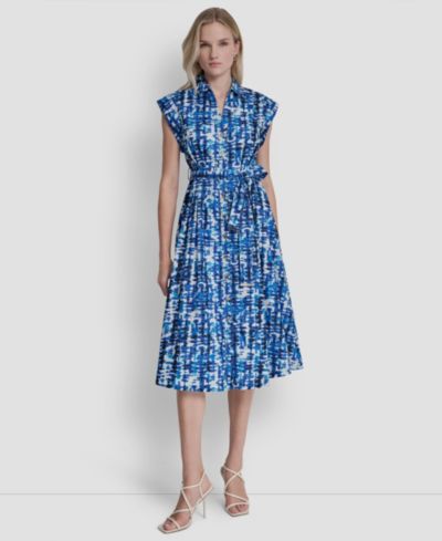 DKNY Women's Extended Button-Front Collared Cotton Midi Dress