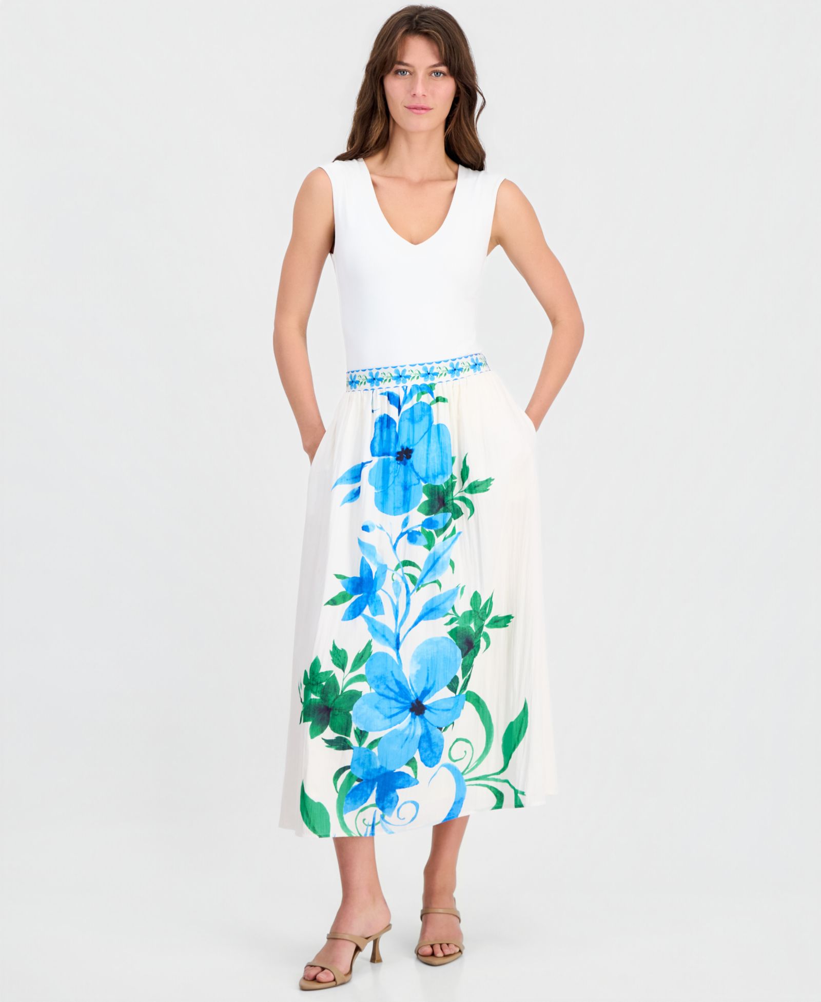 T Tahari Women's Placed-Floral Pull-On Midi Skirt
