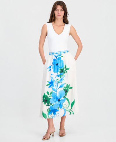 T Tahari Women's Placed-Floral Pull-On Midi Skirt