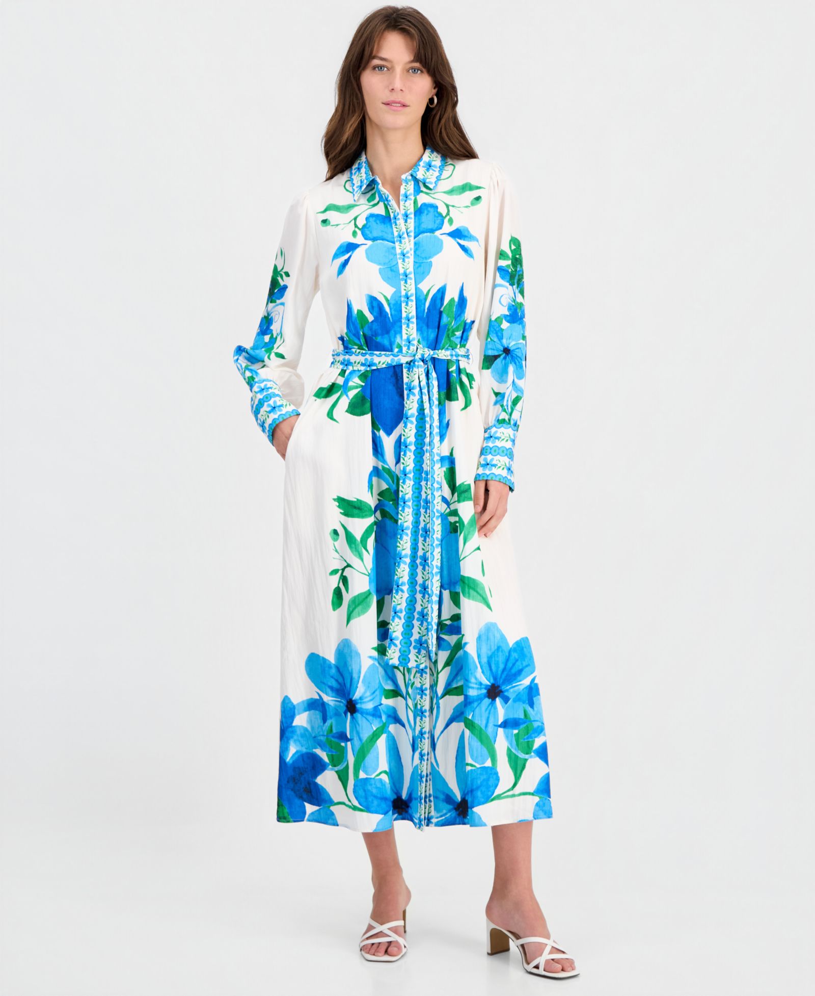 Женское макси-платье T Tahari Printed Tie-Waist Button-Down