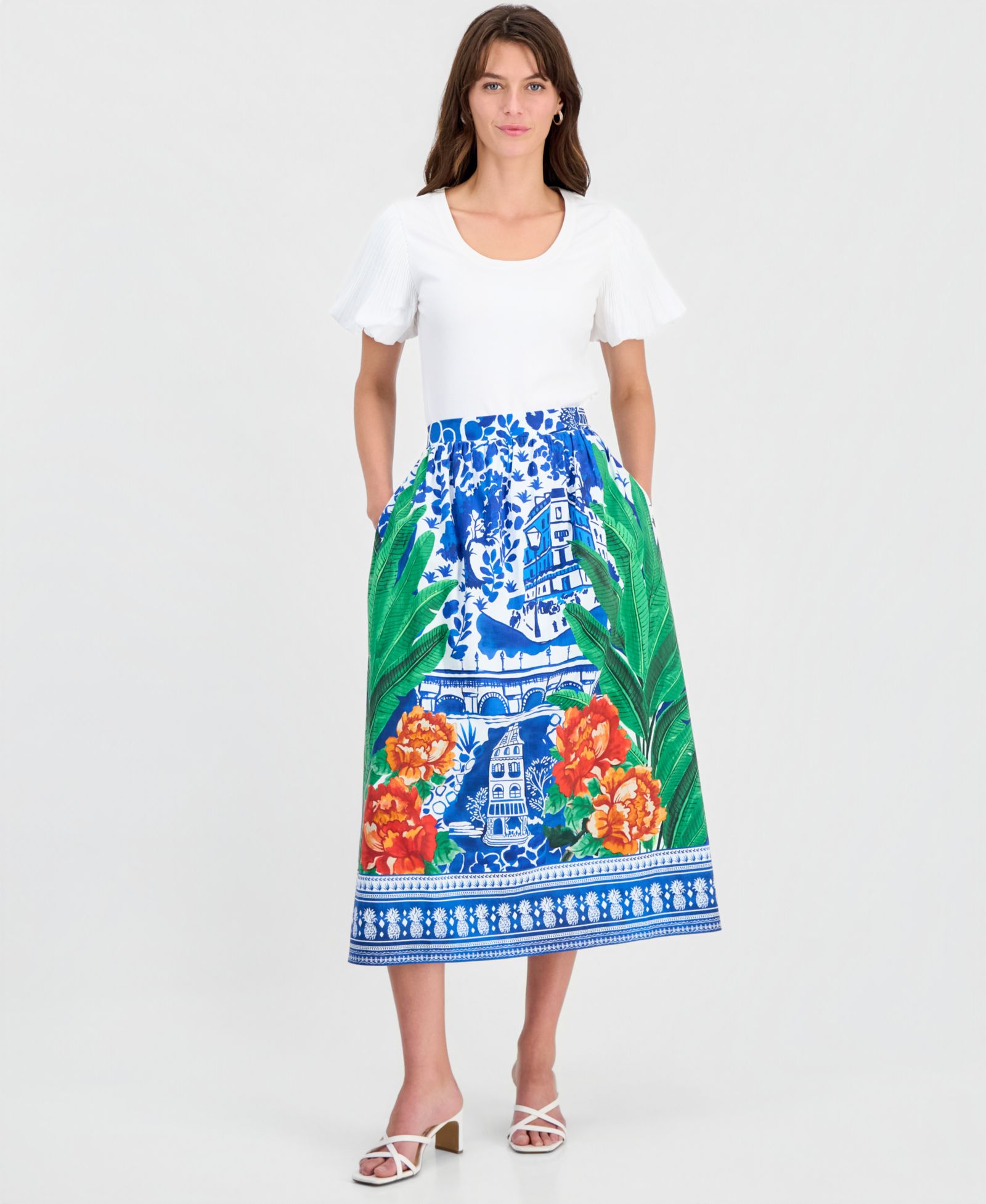 T Tahari Women's Printed Pull-On Flared Midi Skirt