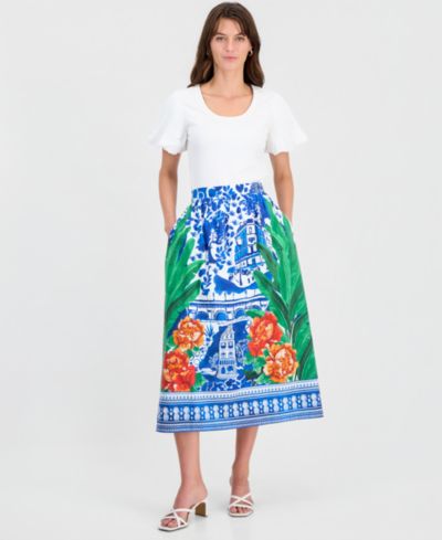 T Tahari Women's Printed Pull-On Flared Midi Skirt