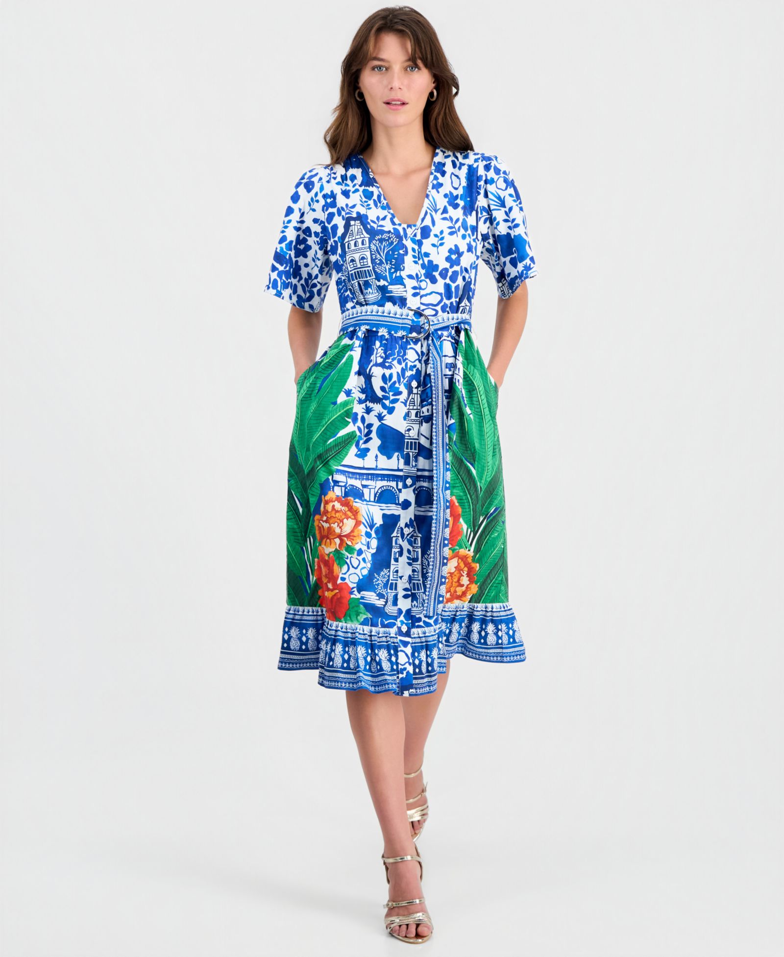 T Tahari Женский Printed Elbow-Sleeve V-Neck Midi Dress