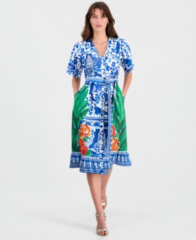 T Tahari Women's Printed Elbow-Sleeve V-Neck Midi Dress