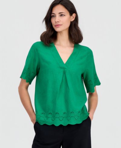 T Tahari Women's Embroidered Eyelet-Hem Top