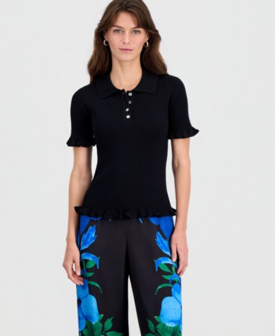 T Tahari Women's Half-Placket Ribbed Ruffle-Trim Top