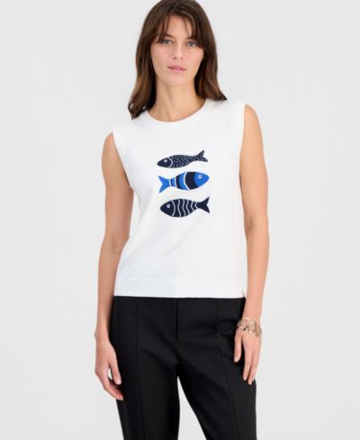 T Tahari Women's Fish-Embroidery Sleeveless Crewneck Top