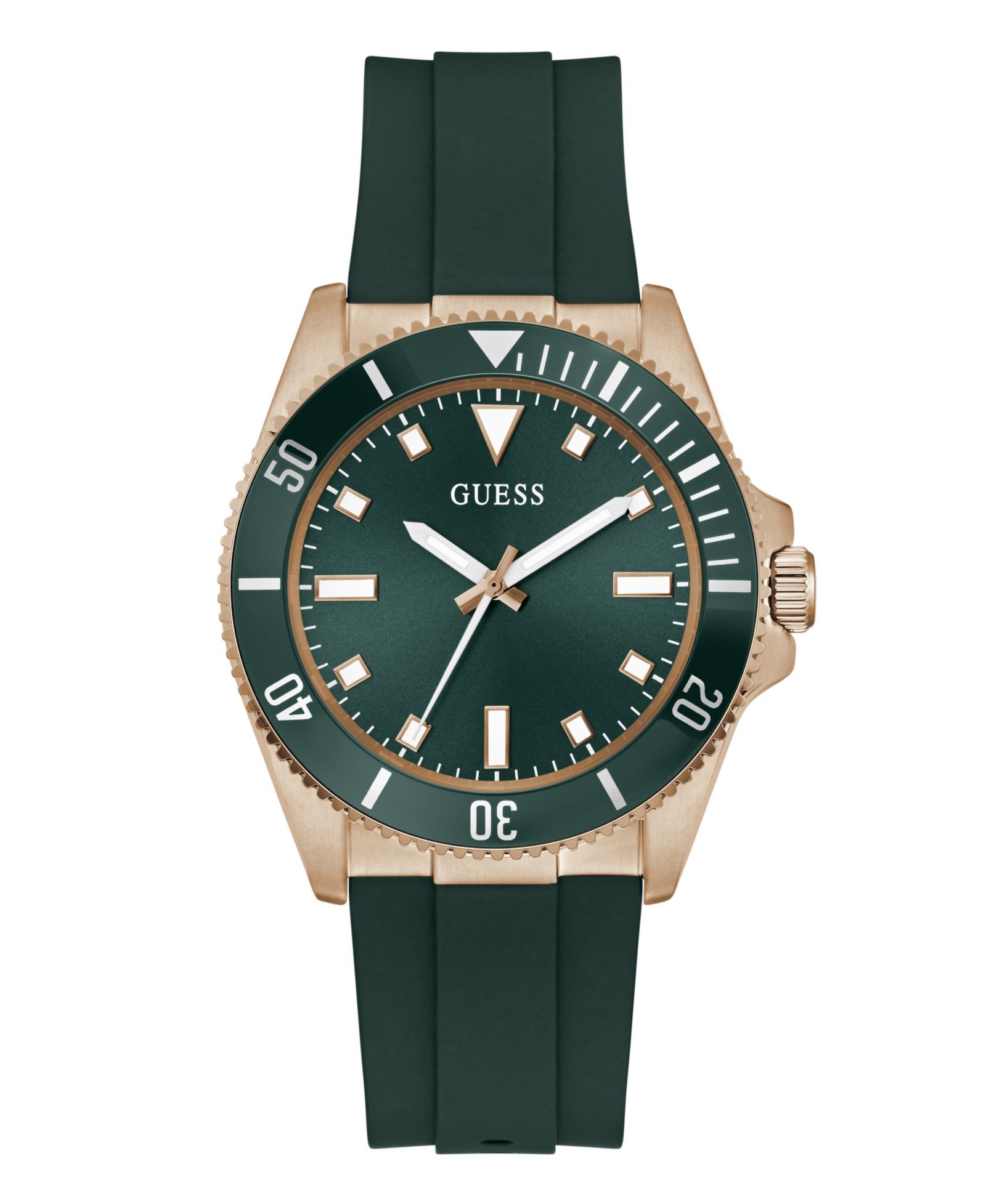 GUESS Men's Rose Gold-Tone Green Silicone Analog Watch, 43mm