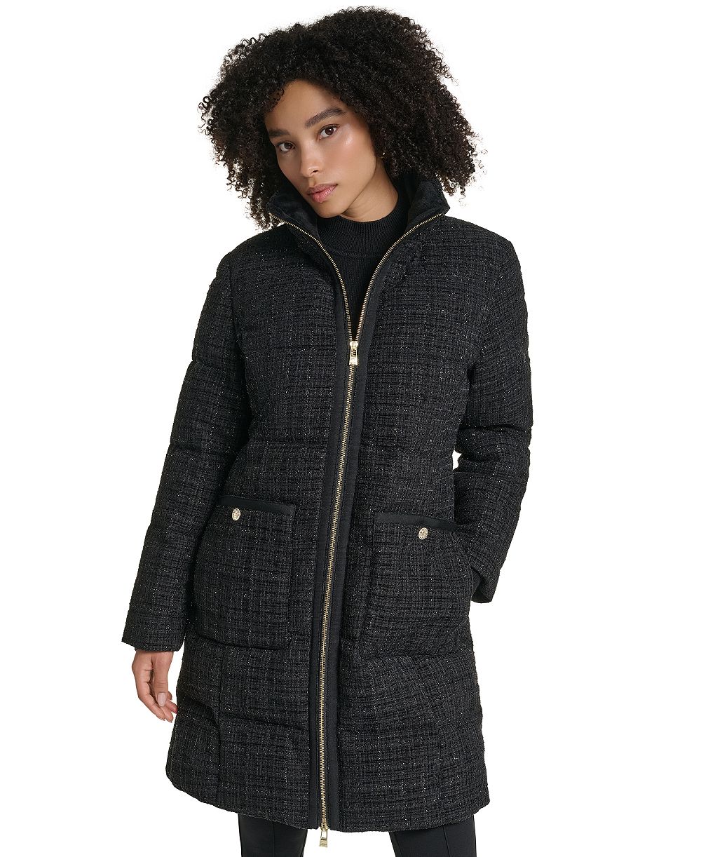 KARL LAGERFELD PARIS Women's Tweed Sparkle Puffer Long Coat