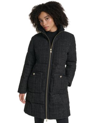 KARL LAGERFELD PARIS Women's Tweed Sparkle Puffer Long Coat