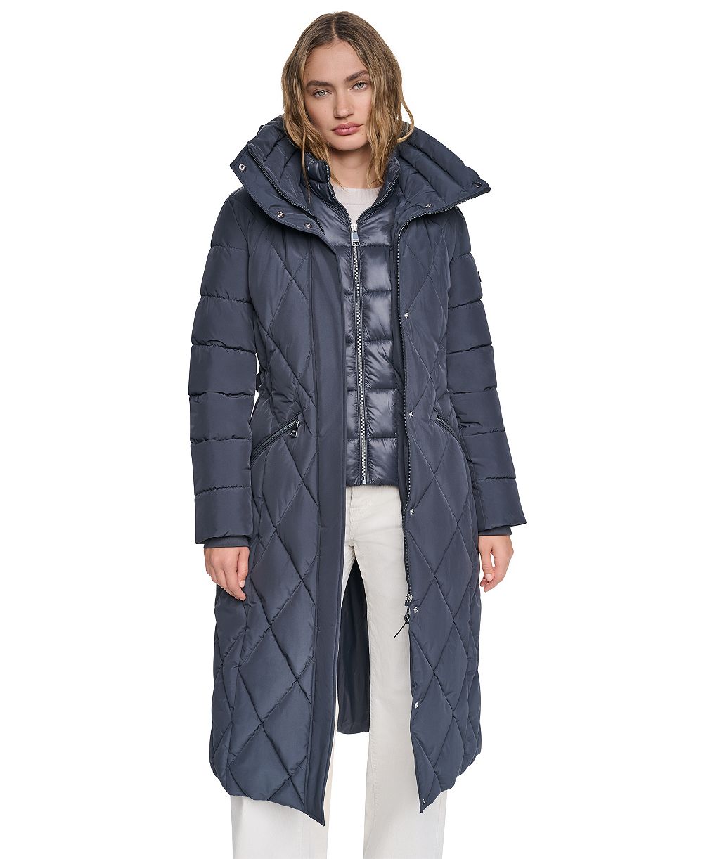 DKNY Women's Long Belted Quilted Puffer Coat