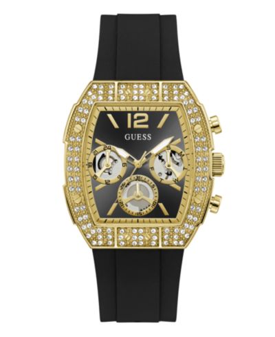 GUESS Men's Crystal Gold-Tone Stainless Steel Black Silicone Multi-Function Watch, 41mm