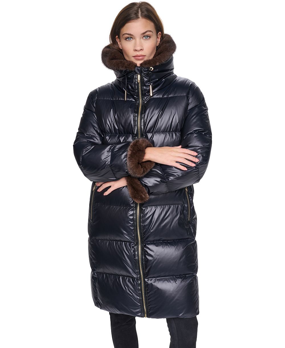 Halston Women's Long Faux Fur Cuff and Collared Puffer