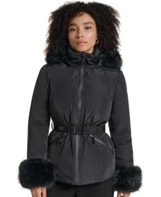 KARL LAGERFELD PARIS Women's Faux-Fur Trim Cuff and Hood Belted Puffer Jacket